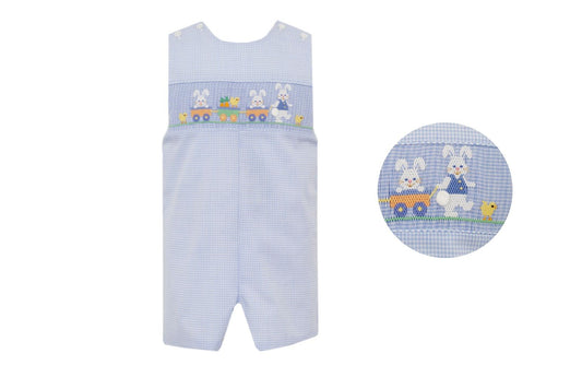 Anavini Velani Boys Blue Gingham Smocked Bunnies Wagon Jon Jon