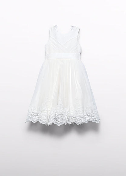 Abel & Lula Girls Embroidered Lace Tulle Special Occasion Dress - V-Back with Bow & Sash