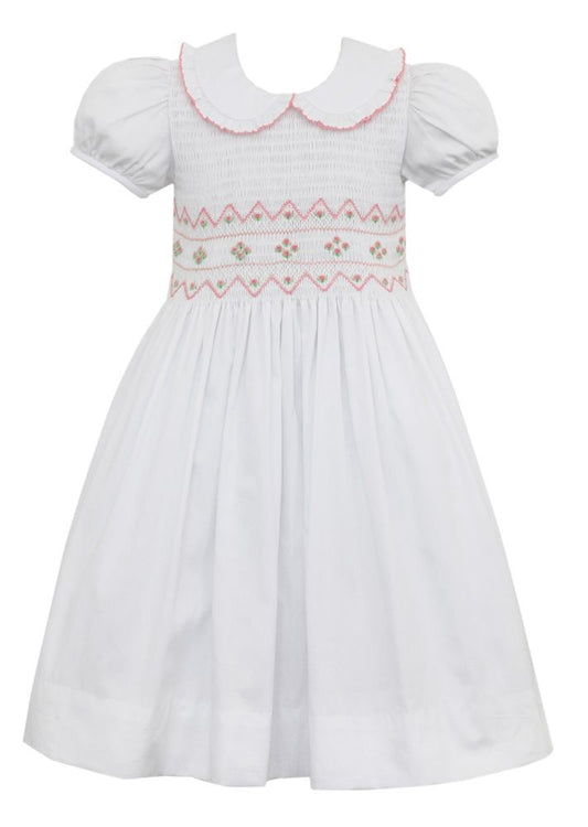 Anavini Couture Girls White Pique Dress - Smocked in Pink