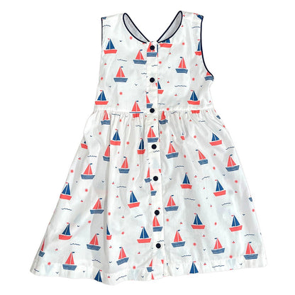 James & Lottie Girls Sammy Pinafore Dress - Navy Blue Sailboats