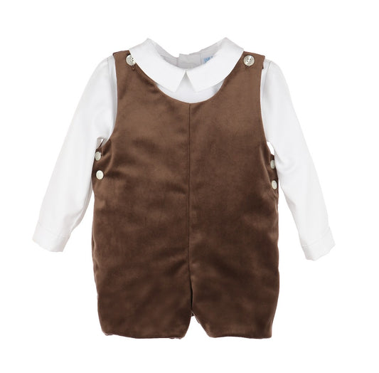 Luli & Me Boys Dressy Velvet Shortall with Shirt - Cocoa Brown