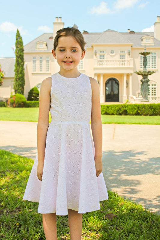 Susanne Lively Girls White Eyelet Twirl Dress - Pink Tie