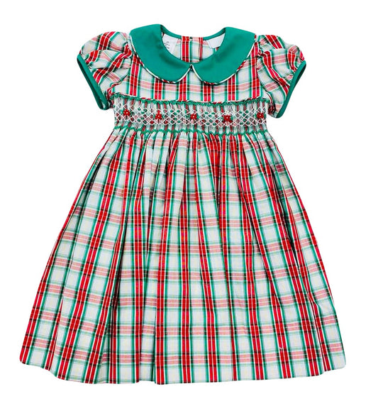 The Best Dressed Child Girls Green & Red Holiday Plaid Smocked Waist Dress