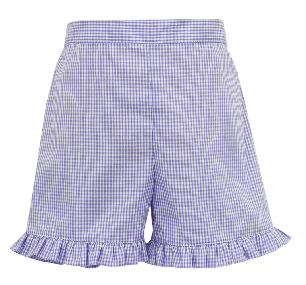 Anavini Velani Girls White Top - Smocked Easter Egg Hunt - with Lavender Gingham Ruffle Shorts
