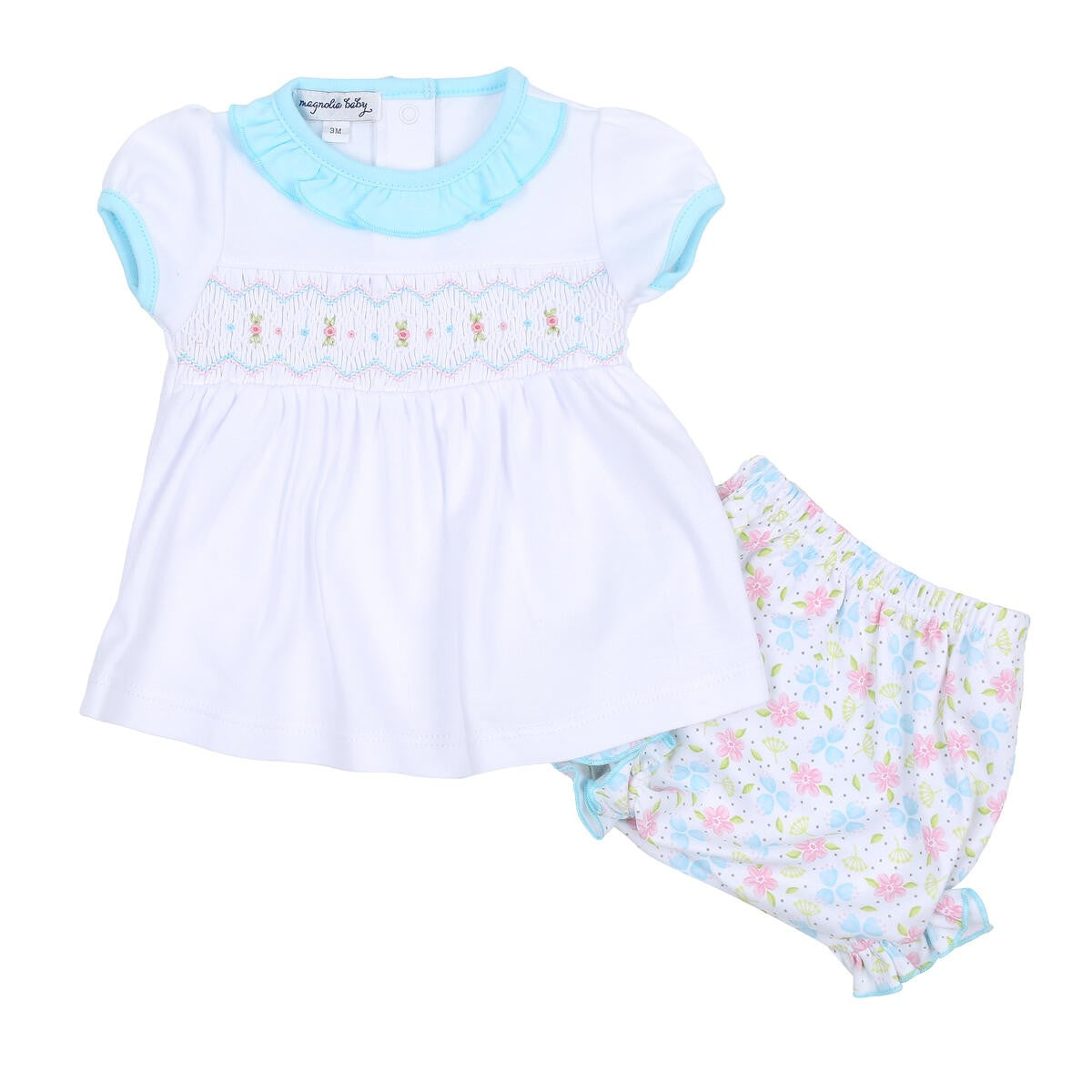 Magnolia Baby Girls Blue Floral Natalie's Classics Smocked Ruffle Bloomers Set