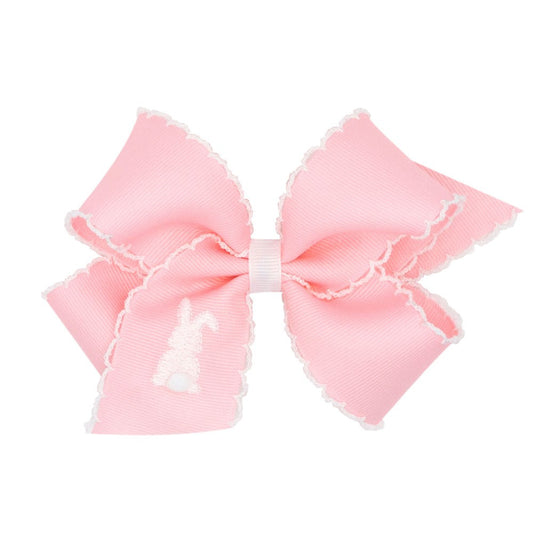 Wee Ones Girls Pink Hair Bow - White Moonstitch - Embroidered White Bunny Backside