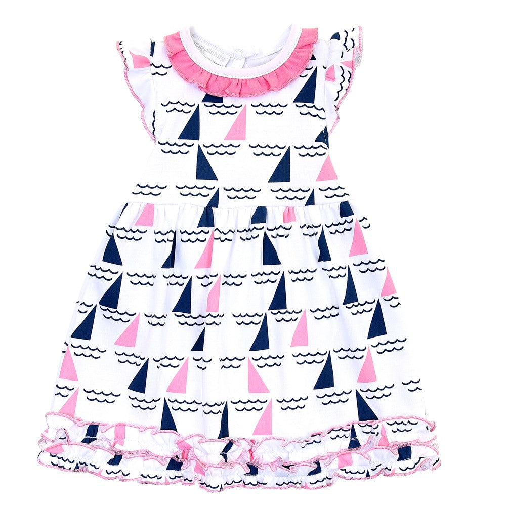 Magnolia Baby Girls Pink / Navy Blue Regatta Sailboat Printed Ruffle Dress Set