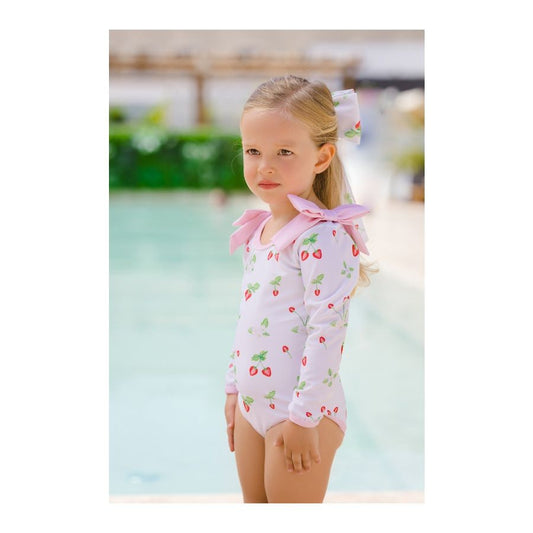 Sal & Pimenta Girls Swimsuit - Daisies & Berries - Rashguard - Pink Bows on Shoulders
