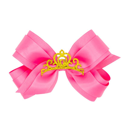 Wee Ones Girls Satin Overlay Bow with Princess Crown - Hot Pink