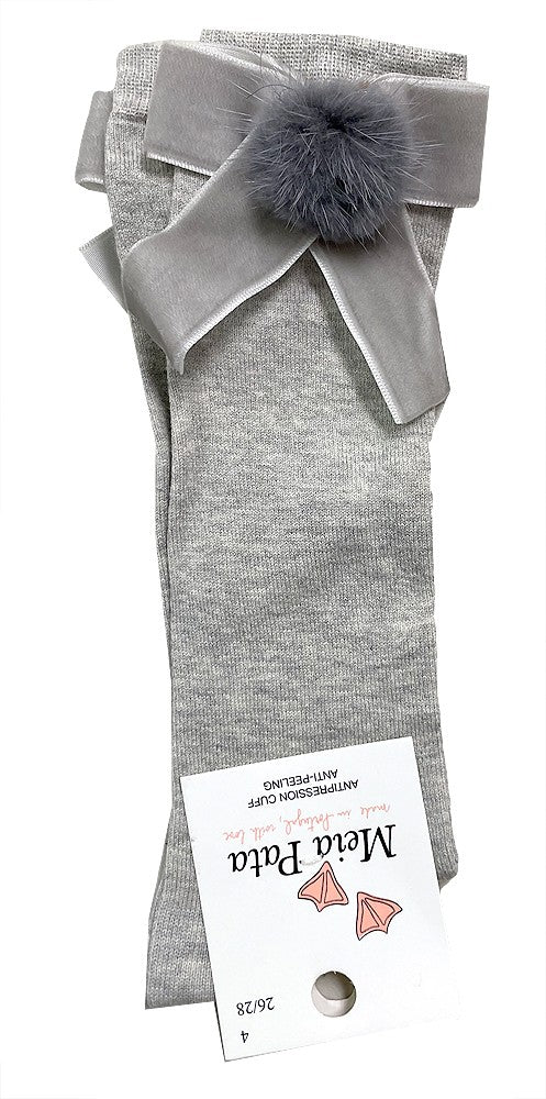 Meia Pata Girls Socks - Velvet Bow and Faux Fur Ball - New Light Grey