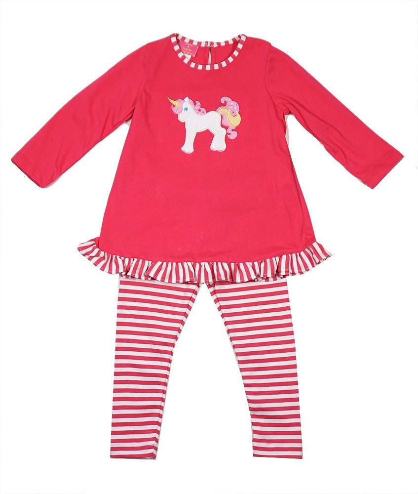 Exclusive to Best Dressed Child - Claire & Charlie Girls Tunic & Striped Leggings Set - Hot Pink Unicorn