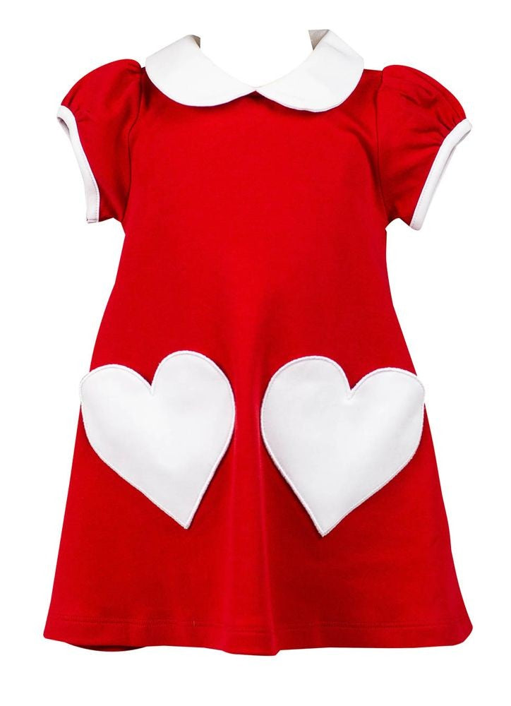 Proper Peony Pima Girls A-Line Dress - Red with White Valentine Heart Pockets