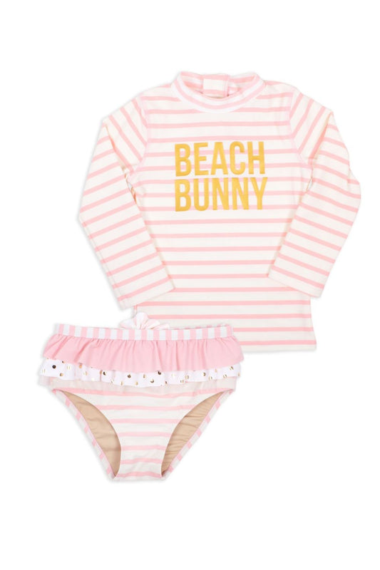 Shade Critters Girls Pink Beach Bunny Stripe Rash Guard Swim Set