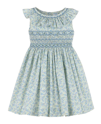 Luli & Me Girls Tiny Floral Smocked Dress with Ruffle Neck - Blue