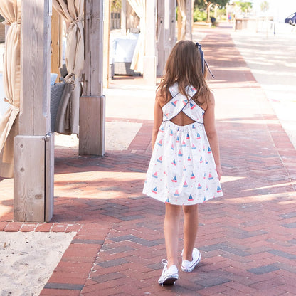 James & Lottie Girls Sammy Pinafore Dress - Navy Blue Sailboats