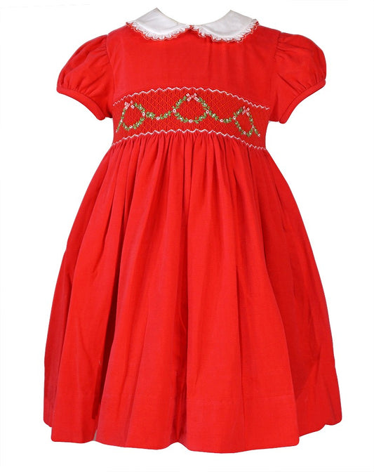 Exclusive to Best Dressed Child - Anavini Girls Red Cord Smocked Christmas Wreaths Dress with Sash