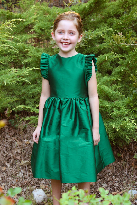 Susanne Lively Girls Christmas Holiday Party Dress- Flutter Sleeves & Sash - Green