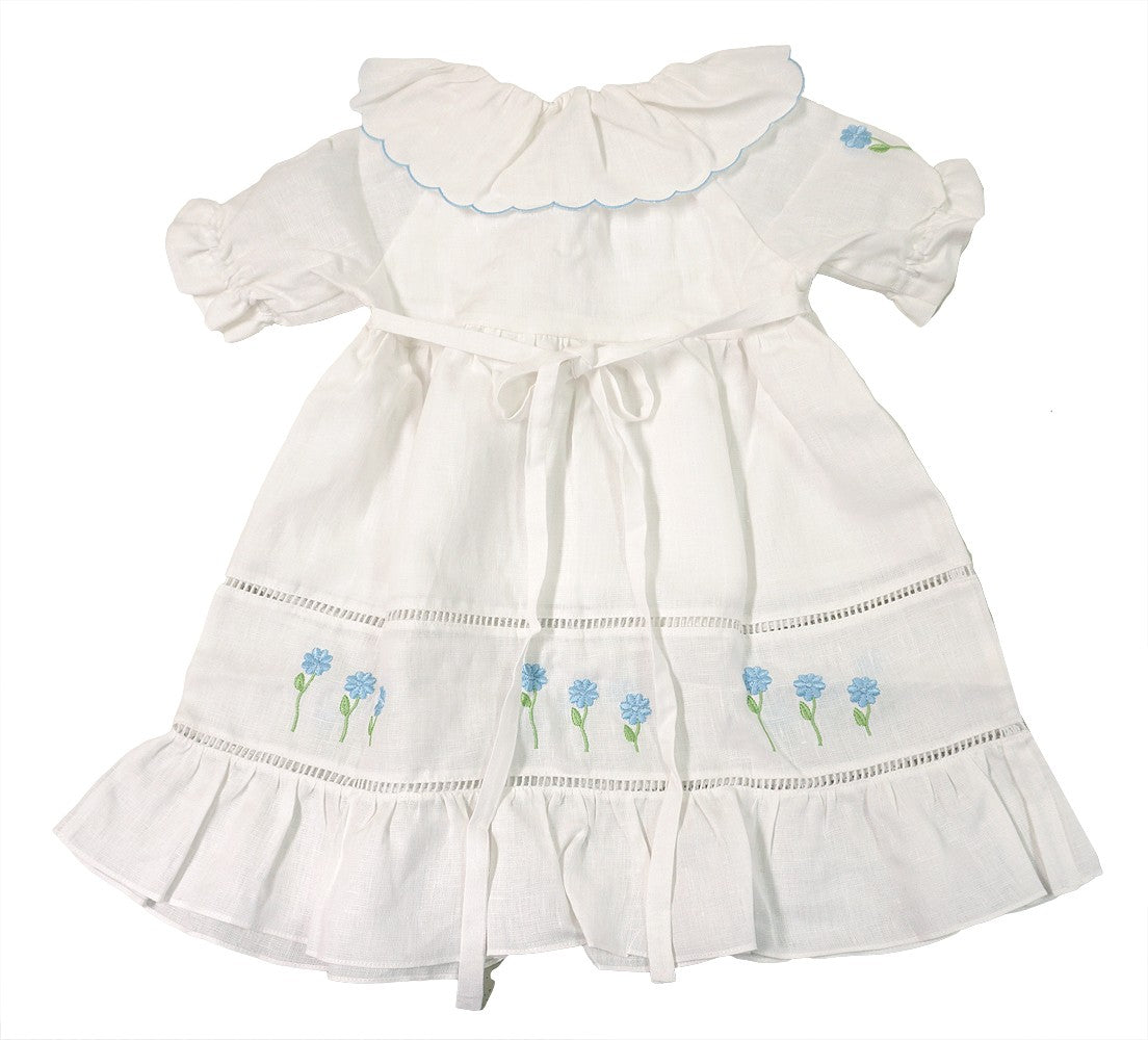 Sal & Pimenta Girls White Linen Dress - Blue Flower Embroidery - Ruffle Hem 7 Sal & Pimenta Girls White Linen Dress - Blue Flower Embroidery - Ruffle Hem 7