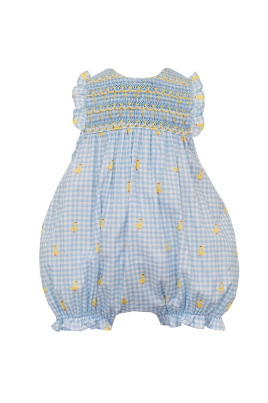 Anavini Baby Girls Blue Check Easter Ducks Print Smocked Bubble