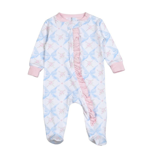 Baby Loren Baby Girls Blue Bows - Pink Ruffle - Zipper Footie