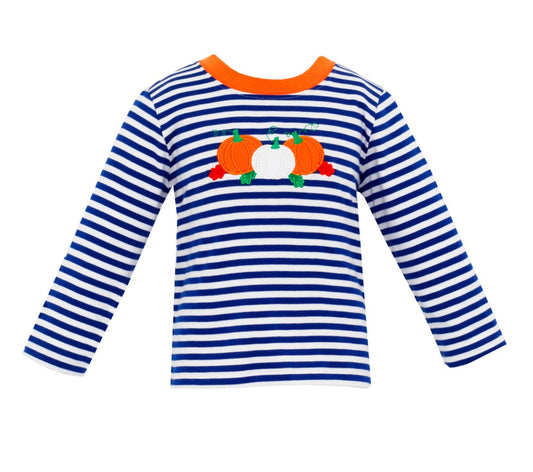 Claire & Charlie Boys Knit Shirt - Royal Blue Stripes - Applique Pumpkins