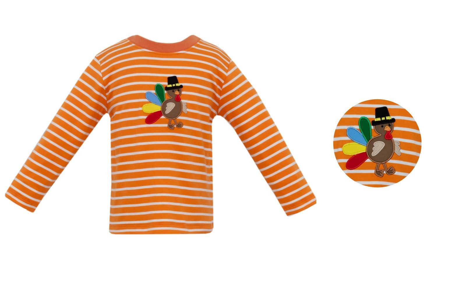 Claire & Charlie Boys Orange Striped Shirt - Applique Gobble Gobble Turkey