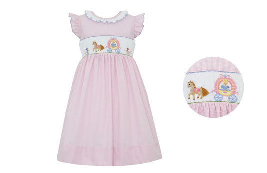 Anavini Girls Pink Gingham Smocked Cinderella Princess Carriage Dress