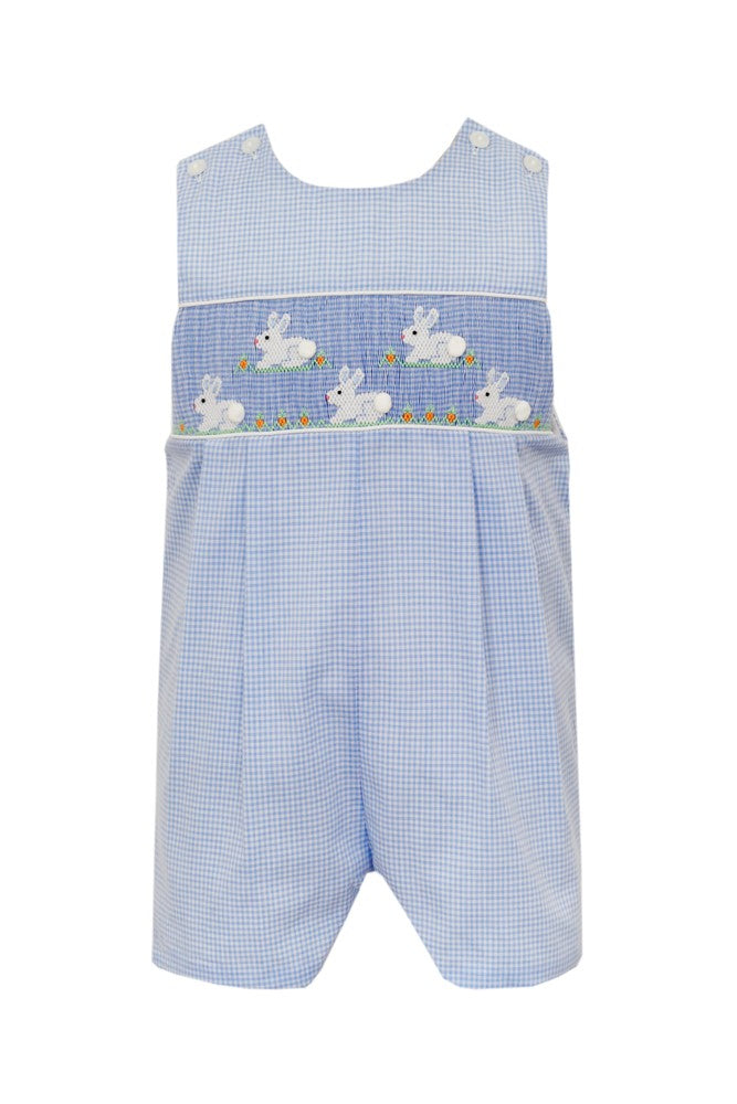 Anavini Boys Blue Gingham Jon Jon - Smocked White Bunnies