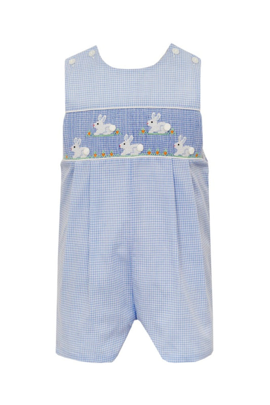 Anavini Boys Blue Gingham Jon Jon - Smocked White Bunnies