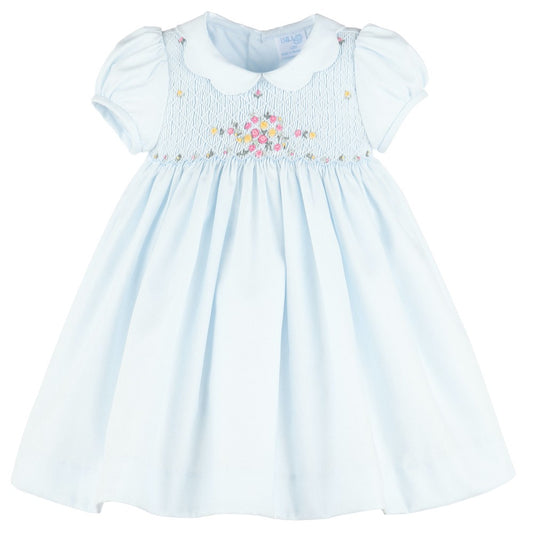 Luli & Me Girls Bouquet Smocked Dress - Scallop Collar - Blue