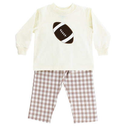 Bailey Boys Pants Set - Tan Checks with Applique Football Shirt