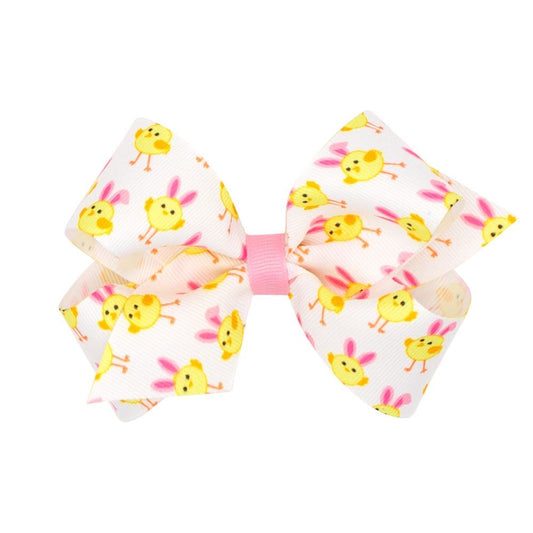 Wee Ones Girls Medium Size Hair Bow - Yellow Chicks with Pink Easter Bunny Ears