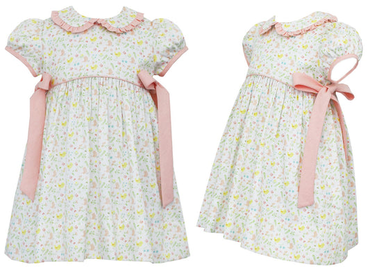 Petit Bebe Baby / Toddler Girls Easter Chick Print Dress - Pink Bows at Sides