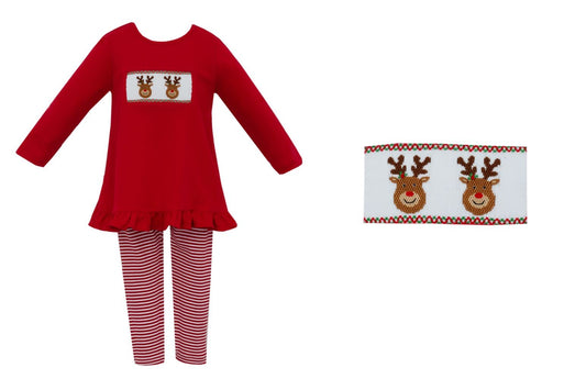 Anavini Velani Girls Red Striped Leggings with Red Smocked Reindeer Faces Top