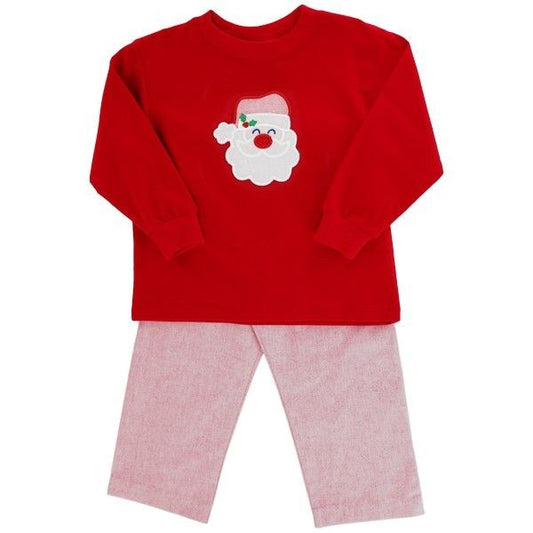 Bailey Boys Red Pants Set - Red Applique Santa Face Shirt