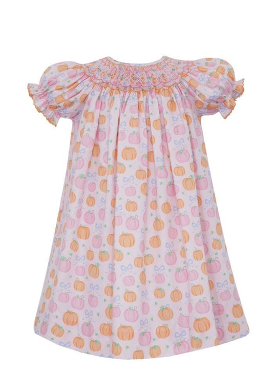 Anavini Girls Pink & Orange Pumpkins Print Smocked Bishop Dress
