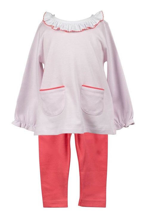 Proper Peony Pima Girls Leggings Set - Pink Stripe Tunic with Flamingo Pink Leggings