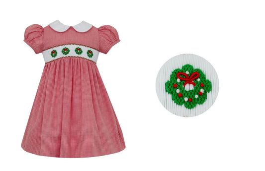 Petit Bebe Girls Red Check Dress - Smocked Christmas Wreaths