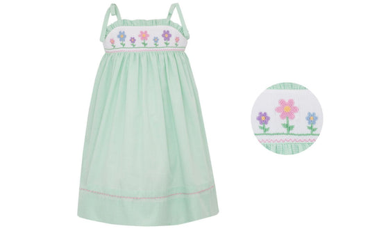 Anavini Velani Girls Green Gingham Smocked Flowers Sun Dress with Ties by Anavini