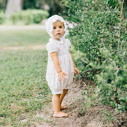 Feltman Brothers Baby Girls Ivory Vintage Romper - Smocked in Blue - Lace Trim