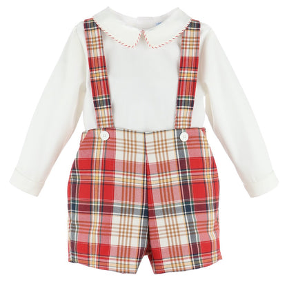 Luli & Me Baby / Toddler Boys Red Holiday Plaid Suspender Shorts with Shirt