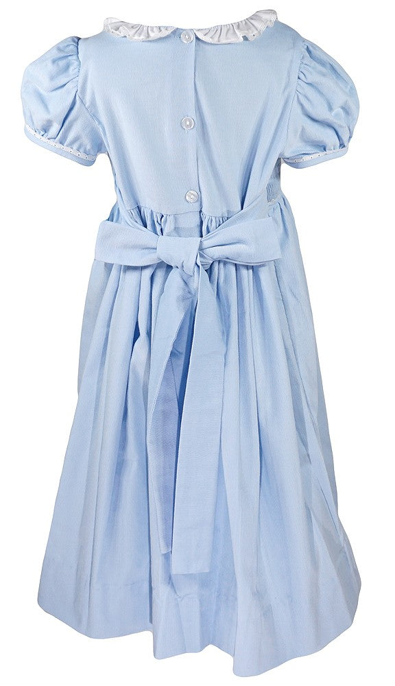 Anavini Girls Light Blue Corduroy Smocked Nativity Dress - Ruffle Collar & Sash