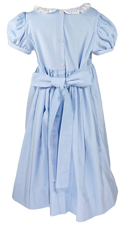 Anavini Girls Light Blue Corduroy Smocked Nativity Dress - Ruffle Collar & Sash