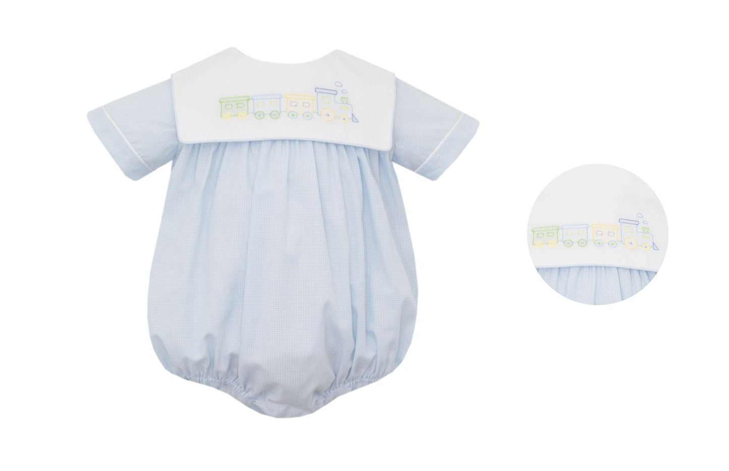Anavini Baby Boys Blue Gingham Bubble - Embroidered Train Collar