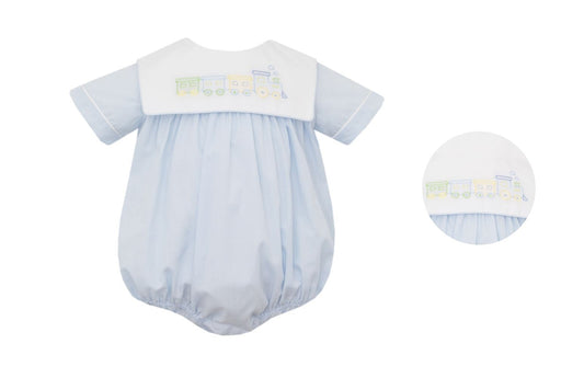 Anavini Baby Boys Blue Gingham Bubble - Embroidered Train Collar