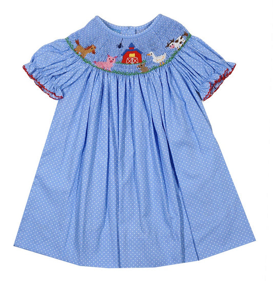 Anavini Baby / Toddler Girls Blue / White Dots Smocked Farm Dress - Bishop