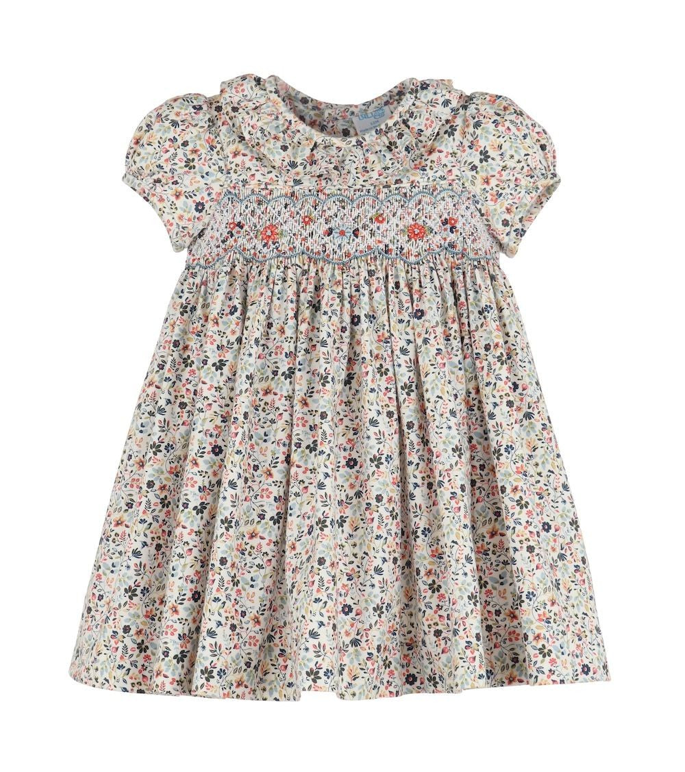 Luli & Me Girls Majestic Blue Floral Smocked Dress - Ruffle Collar