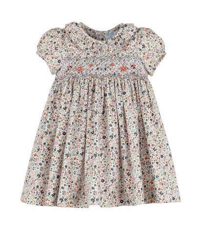 Luli & Me Girls Majestic Blue Floral Smocked Dress - Ruffle Collar