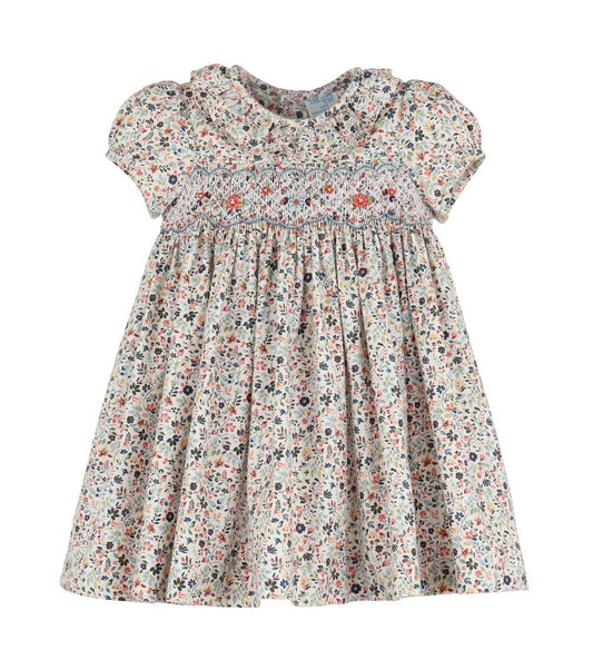 Luli & Me Girls Majestic Blue Floral Smocked Dress - Ruffle Collar