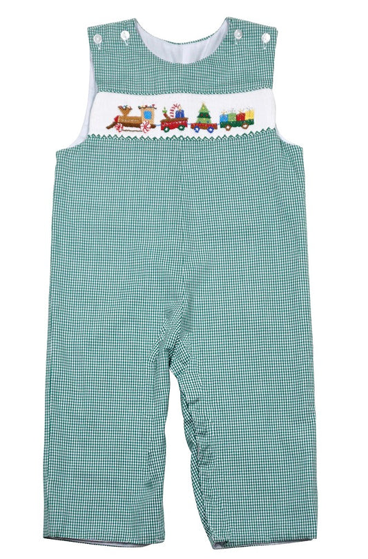 The Best Dressed Child Baby / Toddler Boys Green Check Smocked Christmas Train Longall